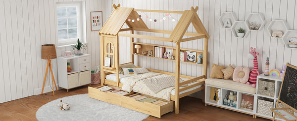 English Elm Twin House Platform Bed with Drawers & Shelves, Solid Wood Playhouse Frame for Kids, Cozy Design Natural W1580S00266