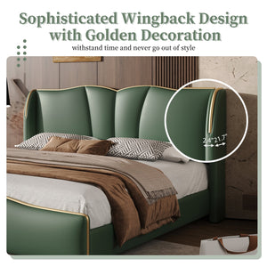 English Elm Christopher Knight Home® - King PU Leather Bed Frame with Wingback Headboard & Footboard, Gold Accents, Platform Slat Support, Elegant Design Dark Green 85 L x 10 W x 3.25 H N761S0000017F