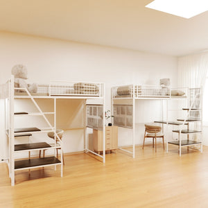 English Elm Black Metal Loft Bed with Built-in Desk Rgb Led Lighting and Charging Station White W1671S00005