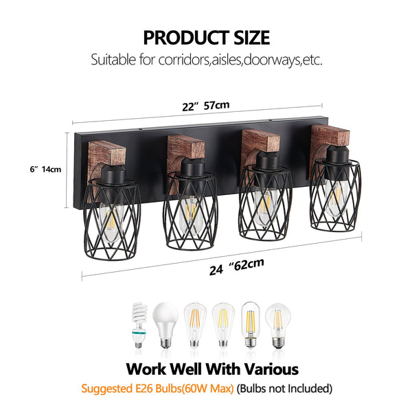 English Elm 24" Industrial Vintage 4-Light Wall Sconce with Black Iron Cage and Walnut Wood Accents for Bathroom W2312P374838
