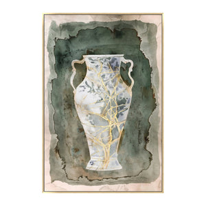 English Elm 31.5x47.2" Hand-Painted Canvas: Ancient Greek Amphora Vase Art in Blue & Gold on Earthy Backdrop, Elegant Statement Piece W2078P318073
