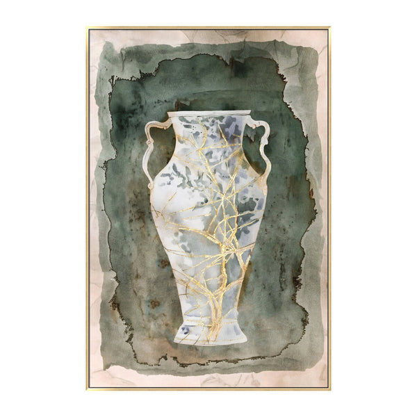 English Elm 31.5x47.2" Hand-Painted Canvas: Ancient Greek Amphora Vase Art in Blue & Gold on Earthy Backdrop, Elegant Statement Piece W2078P318073
