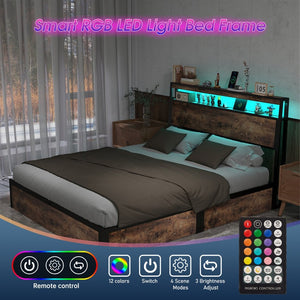 English Elm Full Size Industrial Metal Storage Bed with Hydraulic Lift Rgb Lighting and Usb Charging T3963P437369
