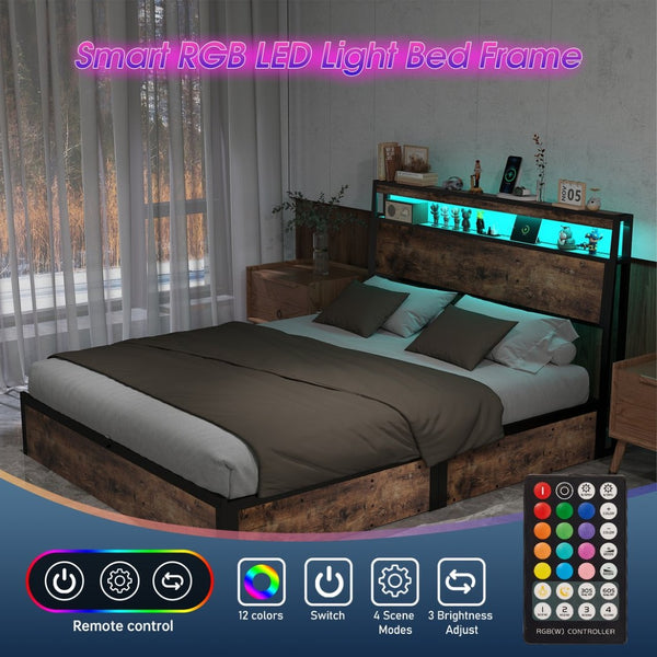 English Elm Full Size Industrial Metal Storage Bed with Hydraulic Lift Rgb Lighting and Usb Charging T3963P437369