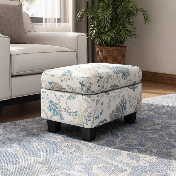 English Elm Christopher Knight Home® - Springfield Upholstered Ottoman in Beige & Blue Floral Fabric — Contemporary, Versatile Accent Seat with Birch Legs (23.25" W) N757P233921F