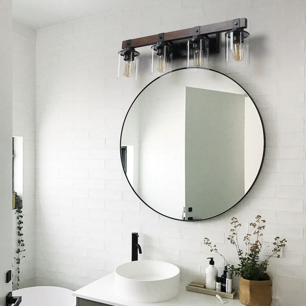 English Elm 27" Rustic 4-Light Vanity Light with Clear Glass Shades and Wood Accent, Industrial Farmhouse Glow W2312P374783