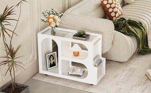 English Elm ON-TREND Mobile End Table with Locking Wheels, Fluted Tempered Glass Top, Gold Rod Accent, Sleek Storage Design White N721P179241K