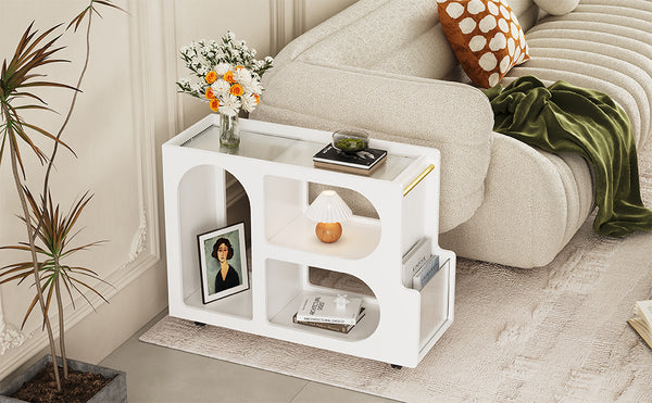 English Elm ON-TREND Mobile End Table with Locking Wheels, Fluted Tempered Glass Top, Gold Rod Accent, Sleek Storage Design White N721P179241K