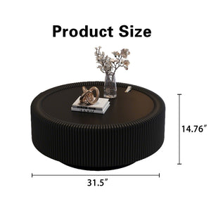 English Elm Black Round Fluted Pu Leather Coffee Table Tempered Glass Top Hidden Storage Modern Black W3081P428980