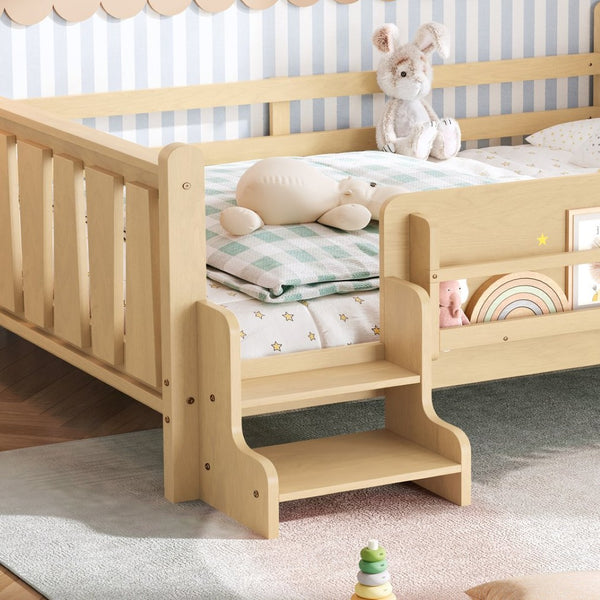 English Elm Queen Bunk Bed with Trundle Solid Pine Kids Car Themed Frame Built-in Bookshelf Light Natural W1580S00538