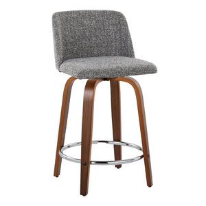 English Elm Toriano 24" Mid-Century Modern Counter Stool Set Of 2 With Swivel, Walnut Wood & Grey Fabric Comfort B202S00114-GIGA