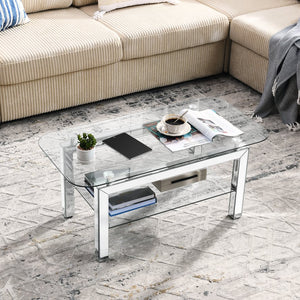 English Elm Rectangle Mirrored Tempered Glass Coffee Table with Lower Shelf, Modern Stainless Legs, Sleek Silver Finish W1005P261281