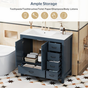 English Elm 36" Blue Bathroom Vanity with Ceramic Sink, 5 Drawers & Soft-Close Doors, Solid Wood Modern Storage N729P183735C