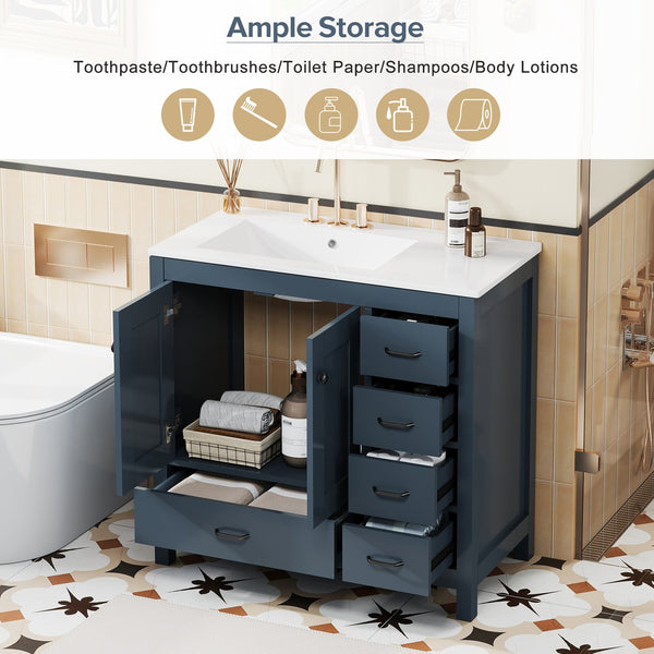 English Elm 36" Blue Bathroom Vanity with Ceramic Sink, 5 Drawers & Soft-Close Doors, Solid Wood Modern Storage N729P183735C