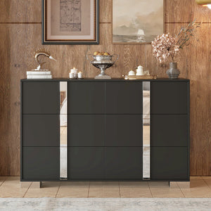 English Elm Elegant Mirrored Dresser with Metal Feet and 6 Spacious Drawers for Organized, Modern Living Spaces Black 54.25 L x 20.75 W x 8.5 H N733P307943B