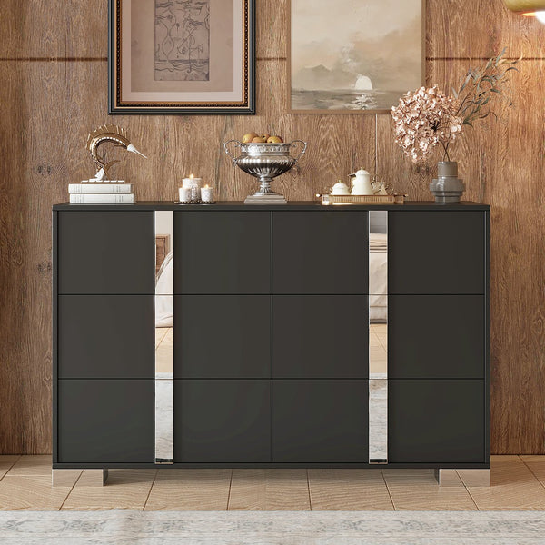 English Elm Elegant Mirrored Dresser with Metal Feet and 6 Spacious Drawers for Organized, Modern Living Spaces Black 54.25 L x 20.75 W x 8.5 H N733P307943B