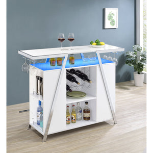 English Elm Katia White High Gloss Home Bar Cabinet with LED, 12-Bottle Rack, Stemware Storage & Chrome Accents B062P358467