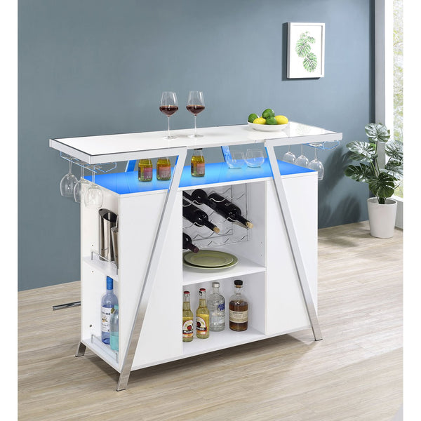 English Elm Katia White High Gloss Home Bar Cabinet with LED, 12-Bottle Rack, Stemware Storage & Chrome Accents B062P358467