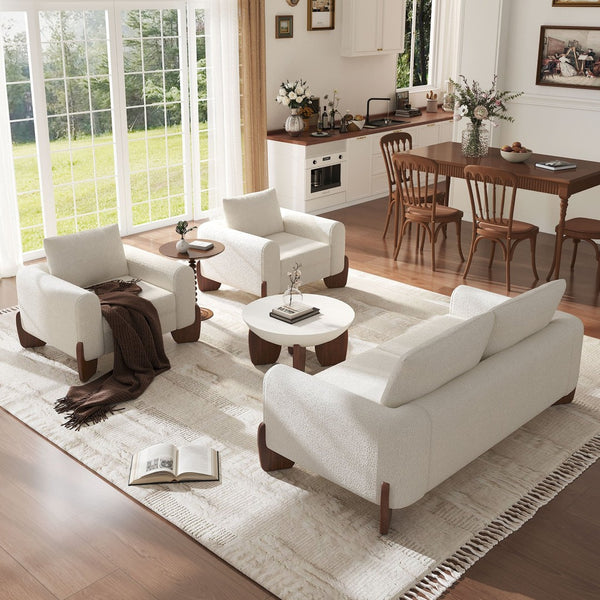 English Elm U_style Bouclé 3 Piece Living Room Sofa Set with Loveseat and Two Accent Armchairs Beige WY000479AAA