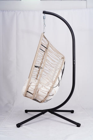 English Elm Outdoor Egg-shaped Hanging Chair with Stand — Beige Gray+White HDPE Cushions, 350lb Sturdy Frame W2500P290032