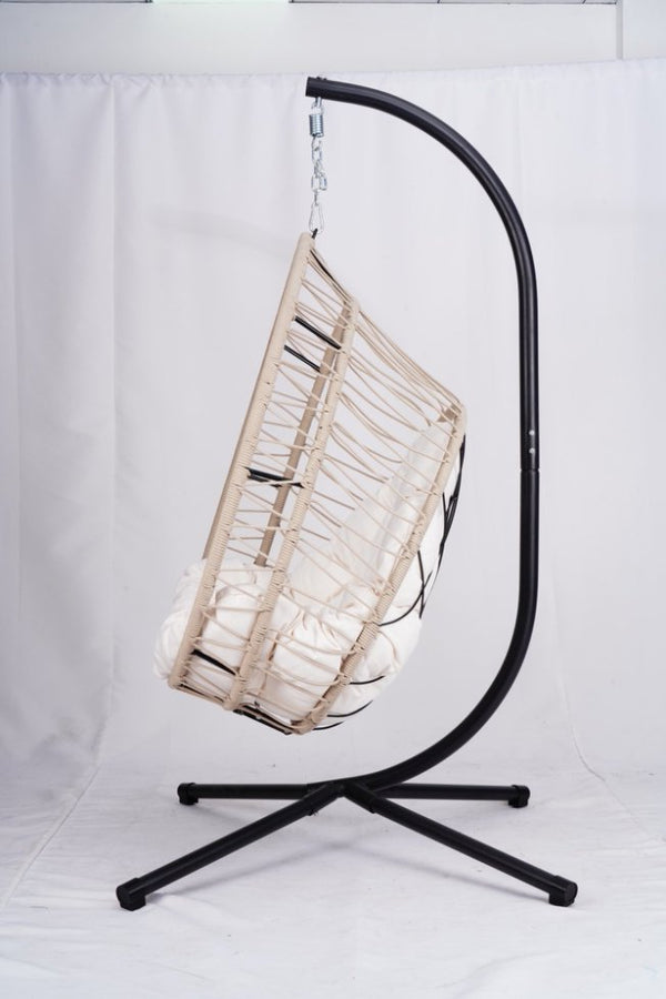 English Elm Outdoor Egg-shaped Hanging Chair with Stand — Beige Gray+White HDPE Cushions, 350lb Sturdy Frame W2500P290032