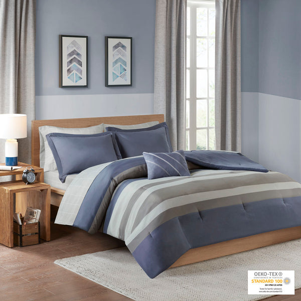 JLA Home Intelligent Design - Striped Modern Grey & Blue Comforter Set with Sheets, OEKO‑TEX Certified Antimicrobial Freshness 86 L x 78 W x 1H ID10-1731