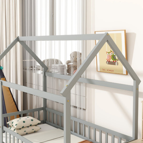 English Elm Twin Floor Wooden House Bed With Roof Frame & Guardrails - Cozy Grey Design For Kids' Rooms W504P286402-GIGA