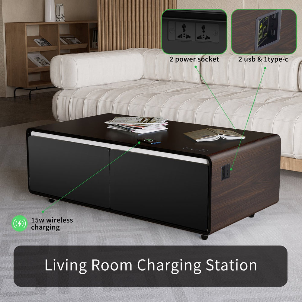 English Elm Modern Smart Coffee Table with Built-in Dual Fridge, Bluetooth Speakers, 15W Wireless Charge, RGB Lights Brown+Black W1172P320210