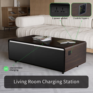 English Elm Modern Smart Coffee Table with Built-in Dual Fridge, Bluetooth Speakers, 15W Wireless Charge, RGB Lights Brown+Black W1172P320210
