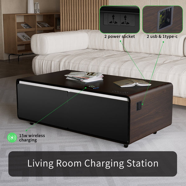 English Elm Modern Smart Coffee Table with Built-in Dual Fridge, Bluetooth Speakers, 15W Wireless Charge, RGB Lights Brown+Black W1172P320210