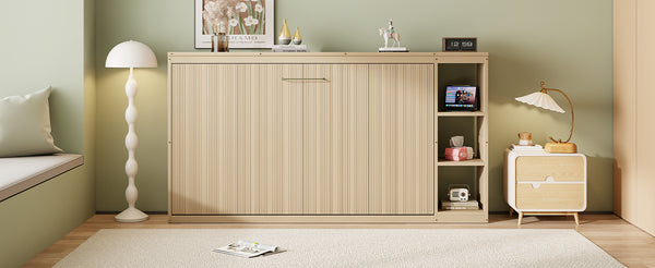 English Elm Twin Space-Saving Murphy Bed with Bookshelf and Fold-Down Desk, LVL/MDF, Compact Modern Design Natural GX002221AAN