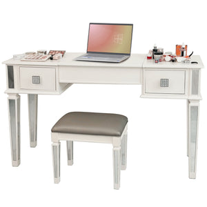 English Elm Mirrored Vanity Desk with Drawers and Flip-Up Mirror, Silver PU Stool, Crystal Knobs, Storage Elegance W2170P209976