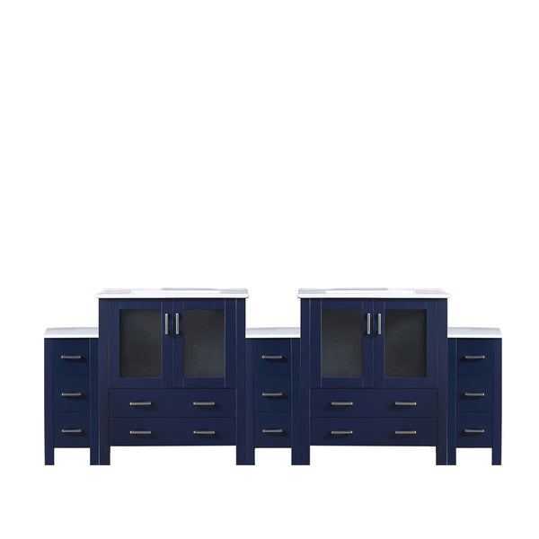English Elm Navy Double Bath Vanity 96" W x 18.25" D with Side Cabinets, White Ceramic Top, Solid Wood Frame, Soft-Close Drawers B2731S00623