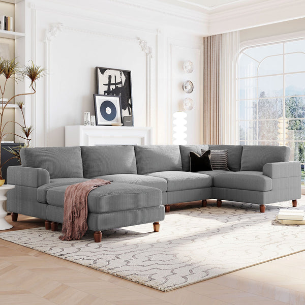 English Elm U_Style Modular Sectional Sofa with Ottoman — Spacious 5-6 Seater L-Shaped Corner Sofa, Plywood Frame, Durable Polyester Upholstery Gray WY000421AAE