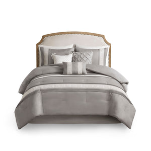 JLA Home Madison Park - 7 Piece Lace Trim Comforter Set Elevates Farmhouse Bedroom with Pintuck Texture, Hypoallergenic Comfort Grey MP10-8343