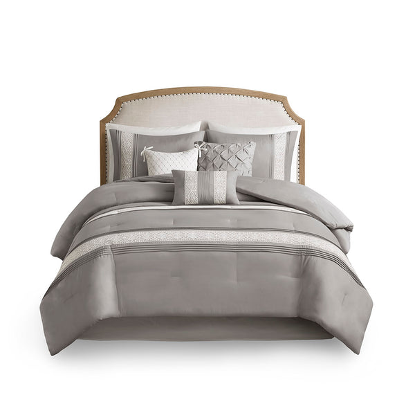 JLA Home Madison Park - 7 Vintage Lace Trim Comforter Set with Pillows — Farmhouse Pintuck Texture, Hypoallergenic, Machine Washable Grey MP10-8345