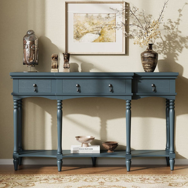 English Elm [video] Solid Pine Console Table Ornate Carved Legs Copper Hardware Soft-close Drawers Blue N759P433566C