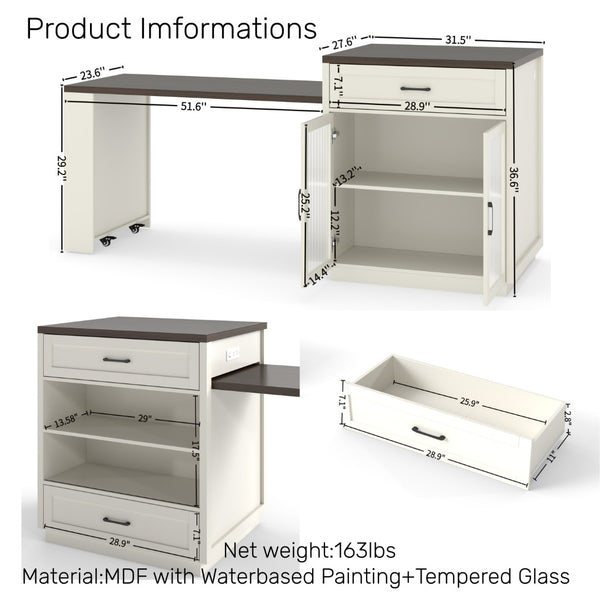 English Elm 83.1'' Extendable Kitchen Island Prep Station with Walnut Woodgrain and Built-in Power Hub W2557S00002