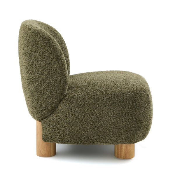 English Elm Boucle Rounded Accent Chair with Rubberwood Legs for Modern Minimalist Living Rooms Natural Wood,Olive Green N776P423410G
