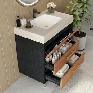 English Elm Modern Freestanding Bathroom Vanity with Vessel Sink Sintered Stone Gold Steel Legs W3136S00052