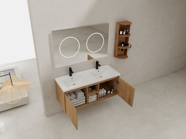 English Elm 48" Wall-Mounted Bathroom Vanity With Double Sink, Soft-Close Doors & Storage Rack For Modern Homes W999S00346