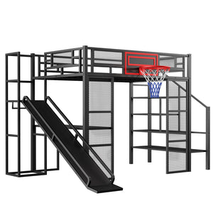 English Elm Full Full Size Metal Loft Bed with Built-In Desk, Slide, Basketball Hoop and Open Wardrobe Storage Black GX001524AAB