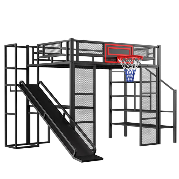 English Elm Full Full Size Metal Loft Bed with Built-In Desk, Slide, Basketball Hoop and Open Wardrobe Storage Black GX001524AAB
