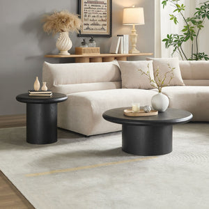 English Elm 2-piece Nesting Round Coffee Table Set Wood Veneer Sculptural Living Room Accent Black W2582S00185
