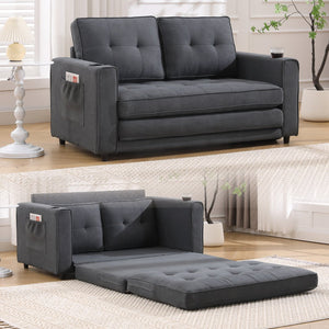 English Elm {VIDEO 3-in-1 Upholstered Futon Sofa Bed Convertible Loveseat with Tufted Back, Cup Holders & Side Pockets Dark Gray W2325P183181
