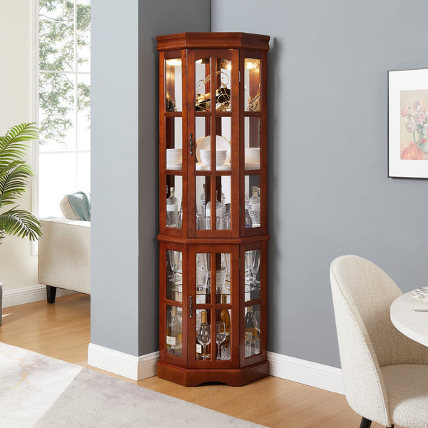 English Elm Corner Curio Cabinet with 5 Shelves and Built-In Lighting, Glass Display Case for Home Décor and Collectibles, Space-Saving Corner Accent (47x21x10.75) Walnut W1693P183978