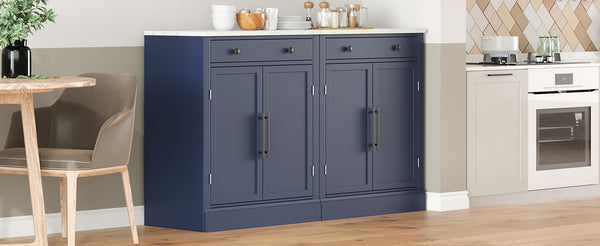 English Elm [Assembly Modern Freestanding Kitchen Pantry with Faux Marble Top, Set of 2 Cabinets with Drawer, Adjustable Shelves, Sleek Durable Design for Dining Room and Coffee Bar Blue SP000074AAC