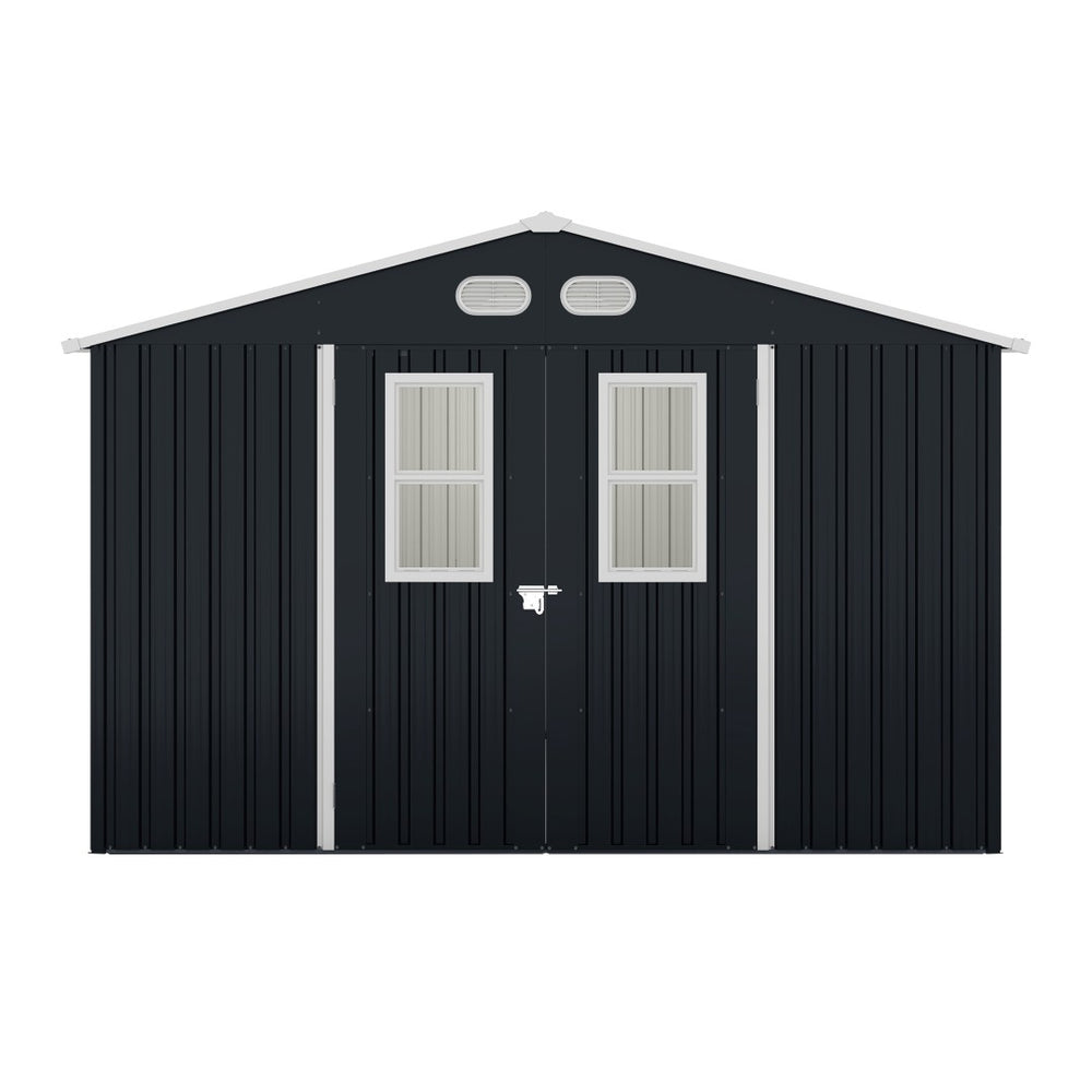 English Elm Outdoor Steel Storage Shed 8x10 Iron Frame Four Windows Lockable Doors Weather Resistant W1598P382331