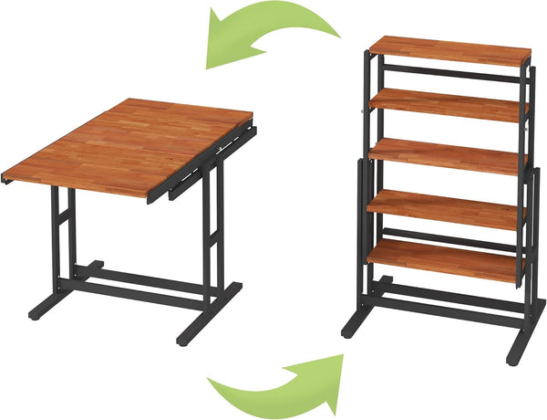 English Elm Extendable Convertible Shelf-to-Table Dining Table with Mahogany Wood & Metal Frame for Small Spaces W3128P281270