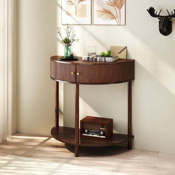 English Elm Artisan-crafted Demi-lune Console Table Wave Drawer Fronts Warm Wood Entryway W2557P294041